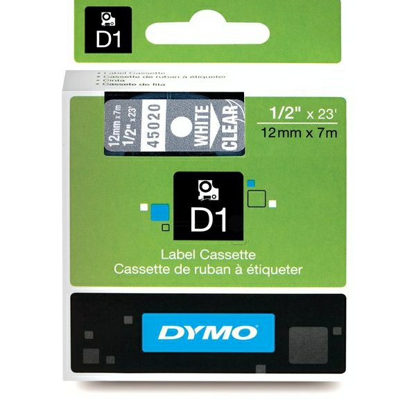 Original Dymo D1 Schriftband S0720600 – 12mm x 7m – Weiß auf Transparent – Etikettenband für LabelManager